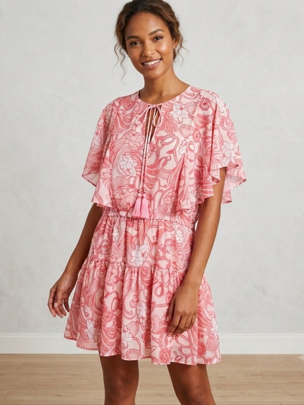 BADGLEY MISCHKA Floral Tiered Dress XL Pink White Flutter Sleeve Tassel Boho